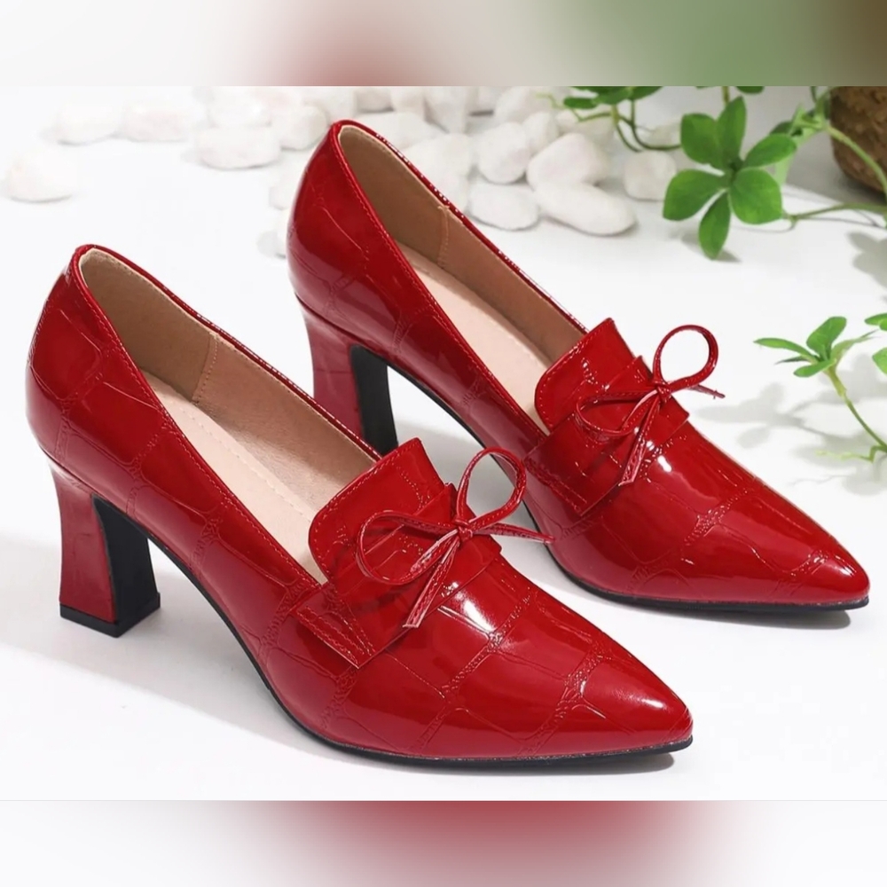 Women's Deep Red Bowknot Crocodile Pumps Shallow Mouth Slip On Soft Sole 8.5